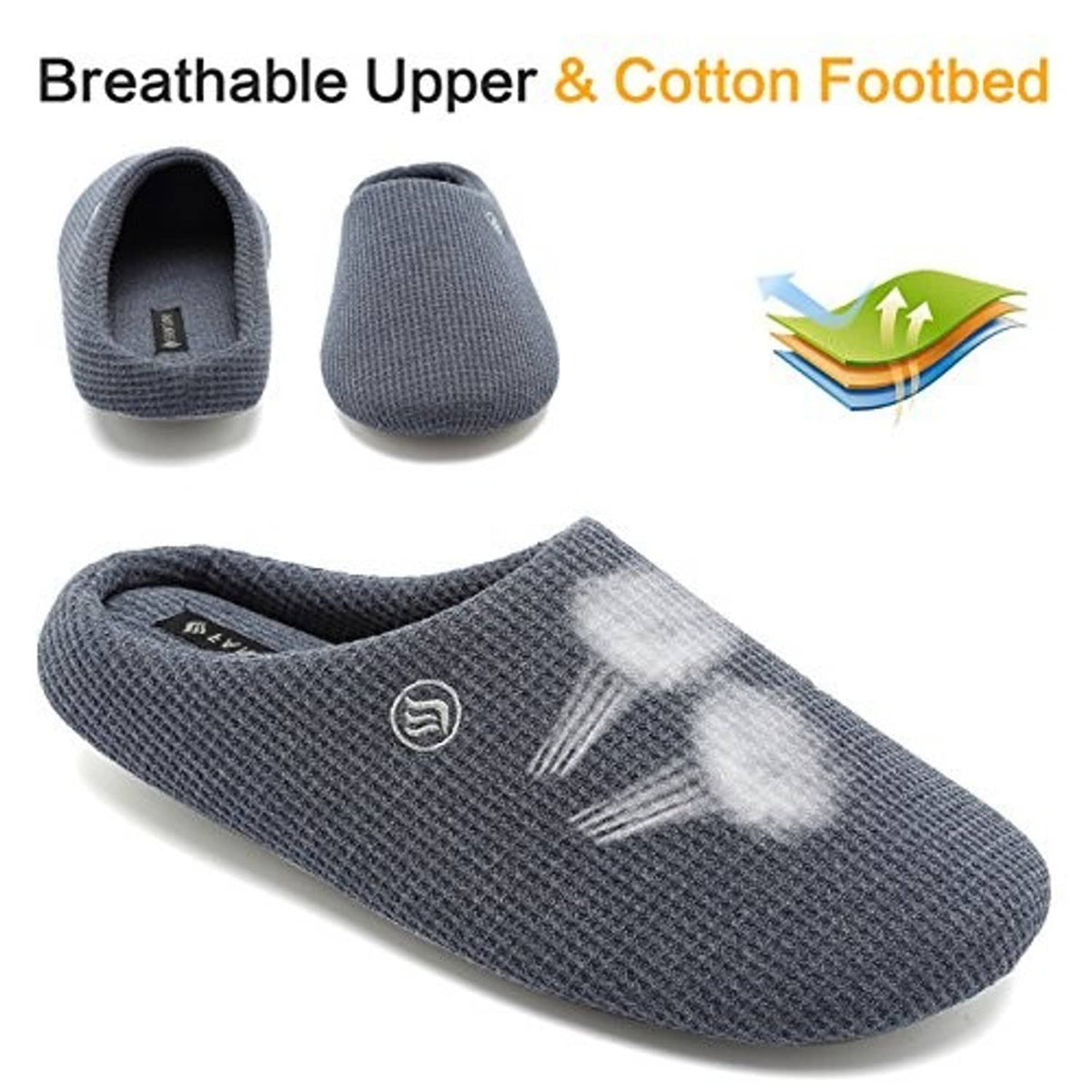 Navy-blue knit unisex slippers with open back and cushioned footbed