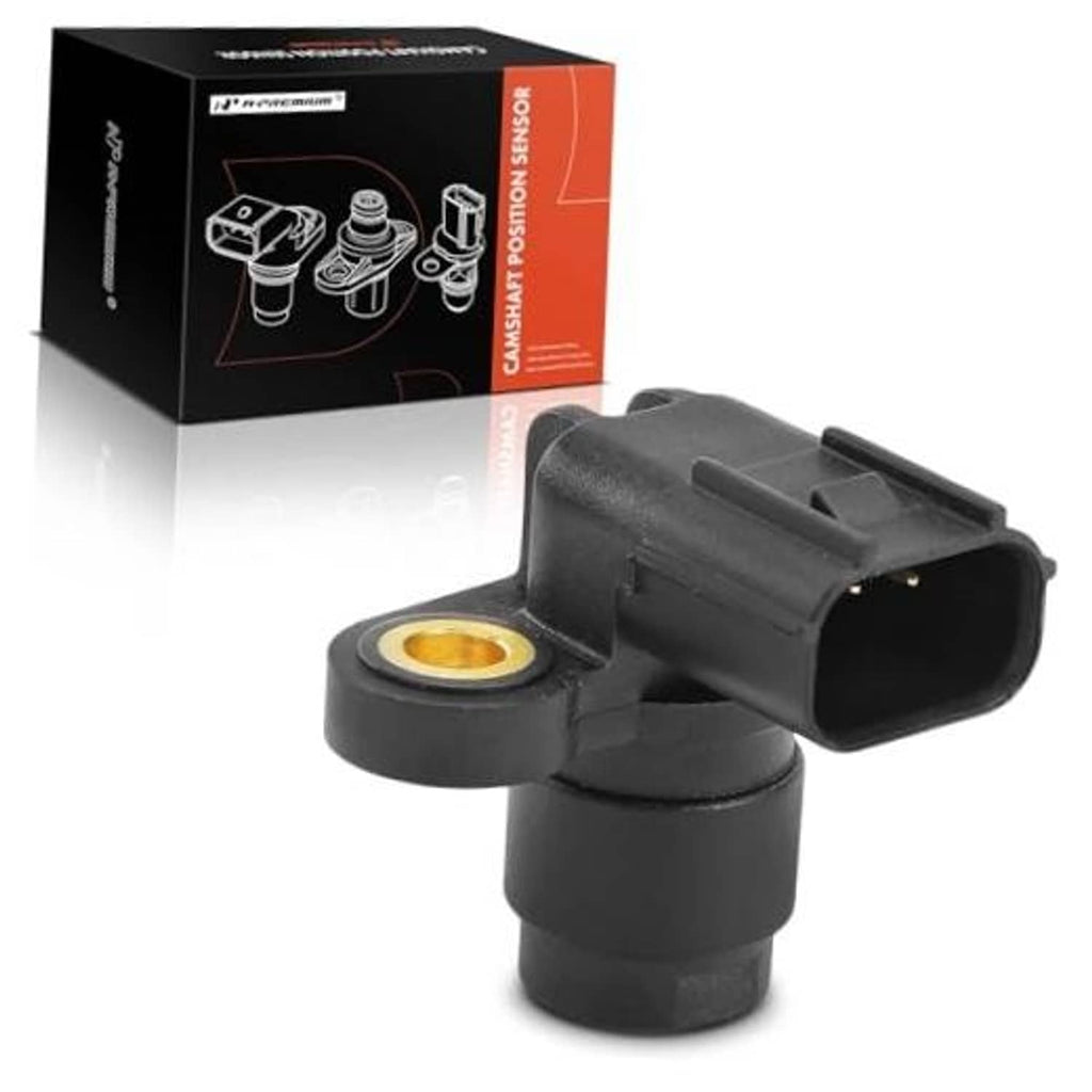 Black camshaft position sensor with round gold contact and 3-pin connector housing