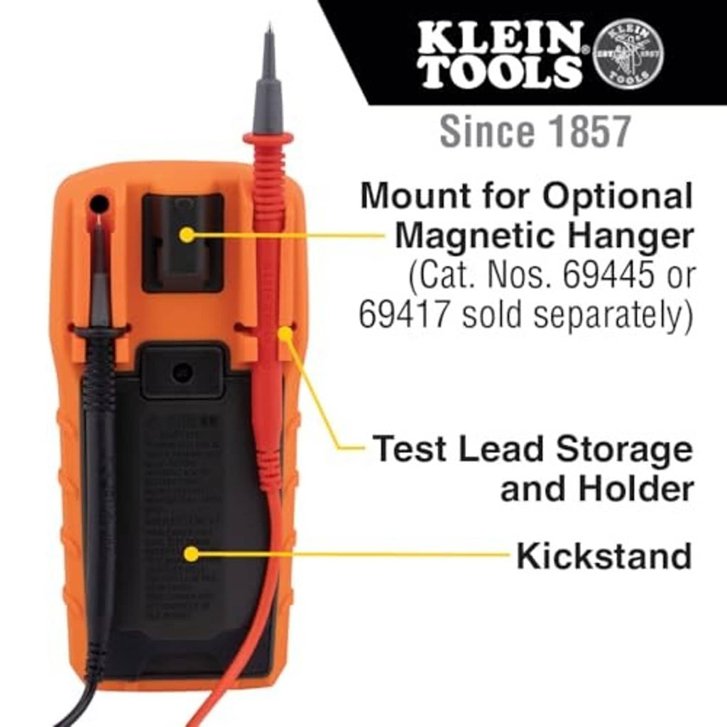 Orange digital multimeter back view with test lead holder, kickstand, and connection jacks.