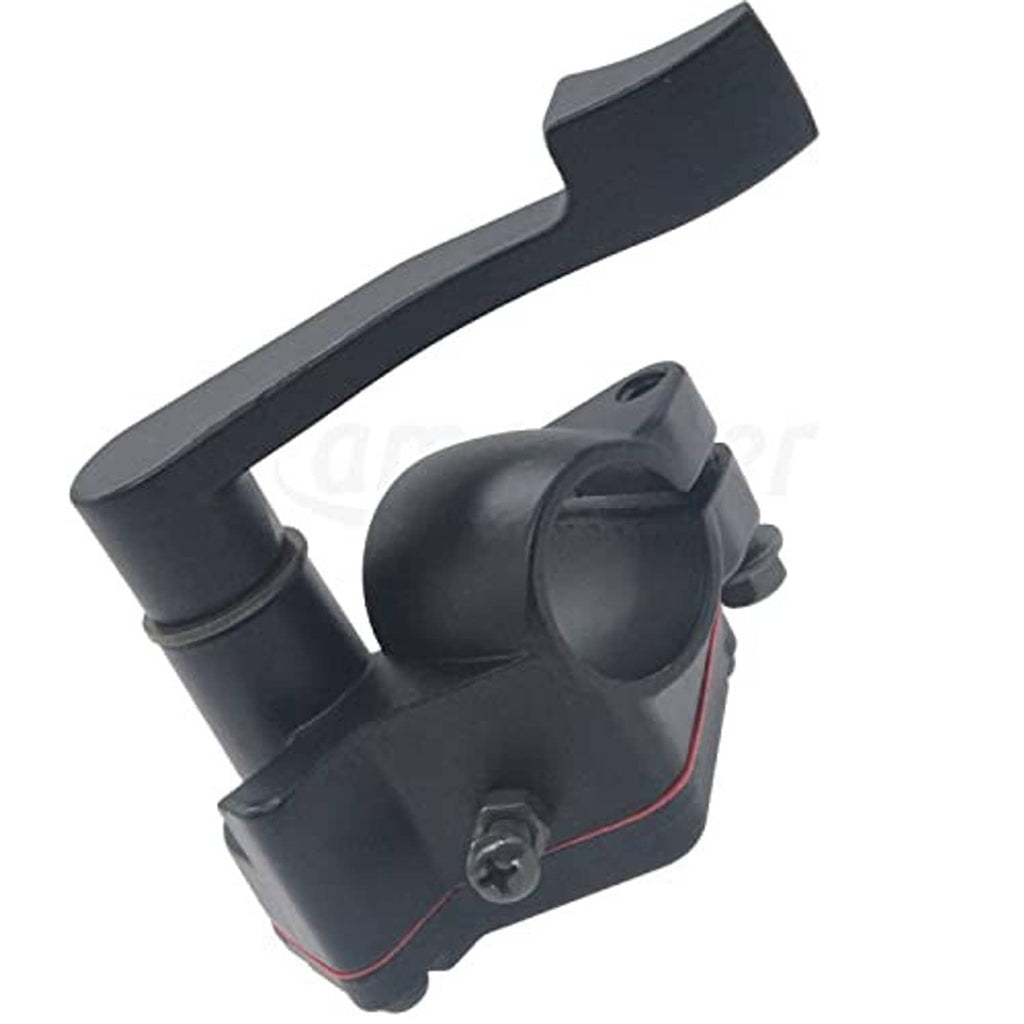 Black thumb throttle lever with cable connector and red accent wiring