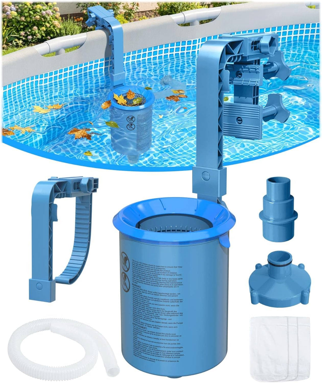 Above-ground pool skimmer kit with bucket, wall mount, flexible hose, and 3 white socks