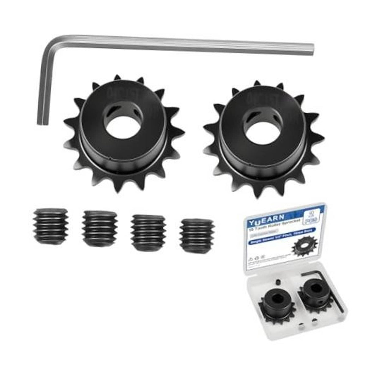 Two black 15-tooth roller sprockets with center holes and toothed outer rings