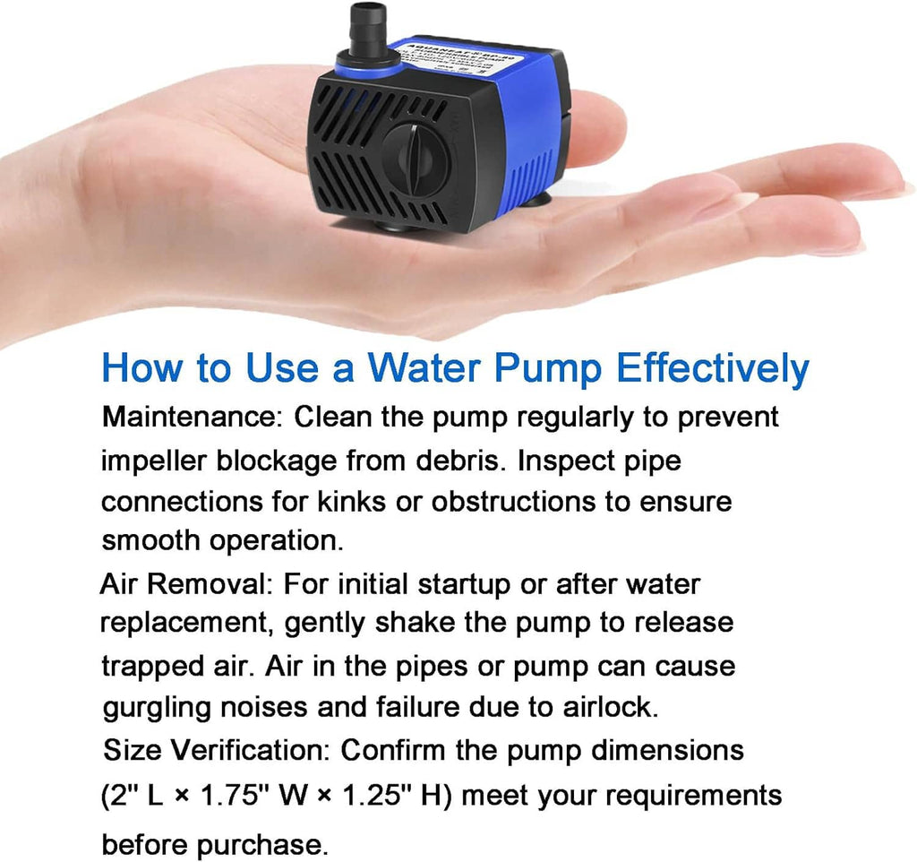 Blue and black submersible water pump held in hand, compact body