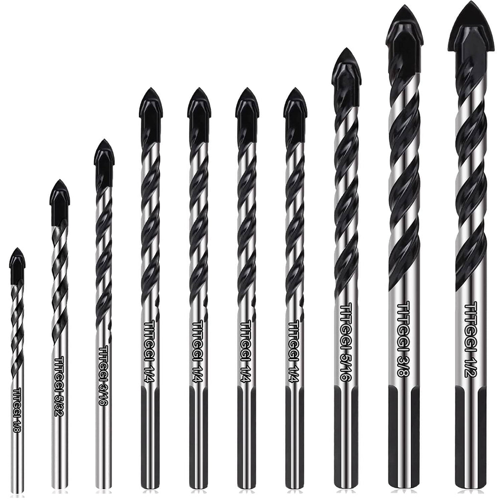 10-piece masonry drill bit set lineup of spiral bits, black and silver