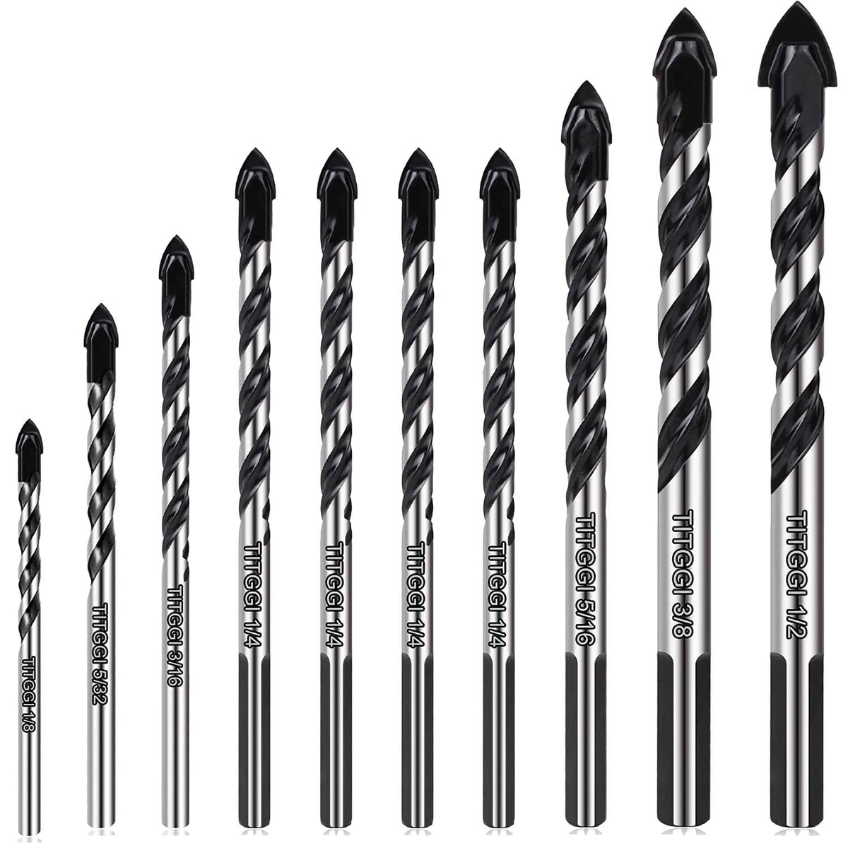 10-piece masonry drill bit set lineup of spiral bits, black and silver