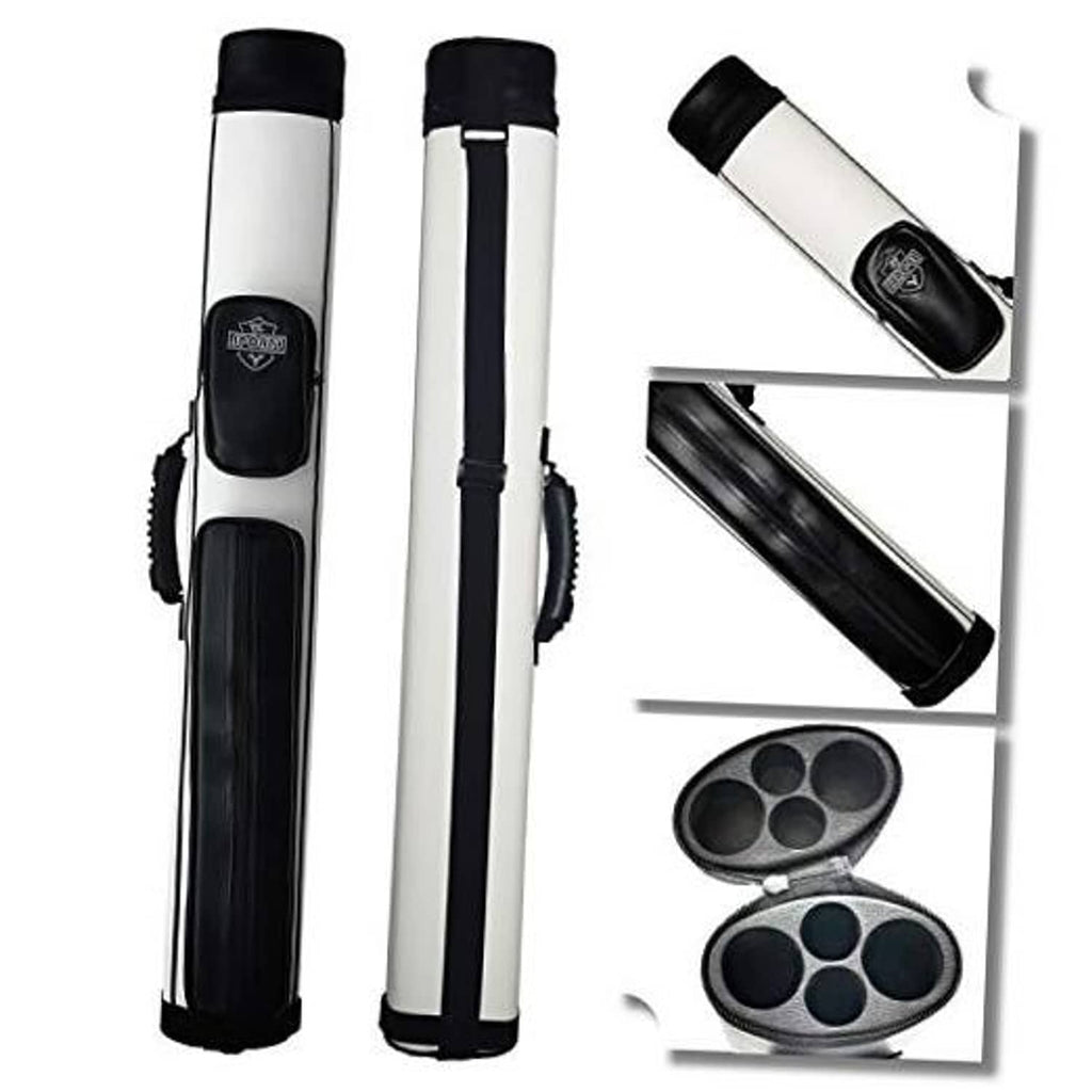 Hard oval billiard cue case, white body with black end caps and strap pockets