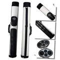 Hard oval billiard cue case, white body with black end caps and strap pockets