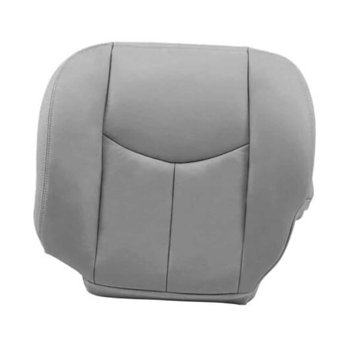 Gray leather driver seat bottom cover with stitched panels and curved backrest