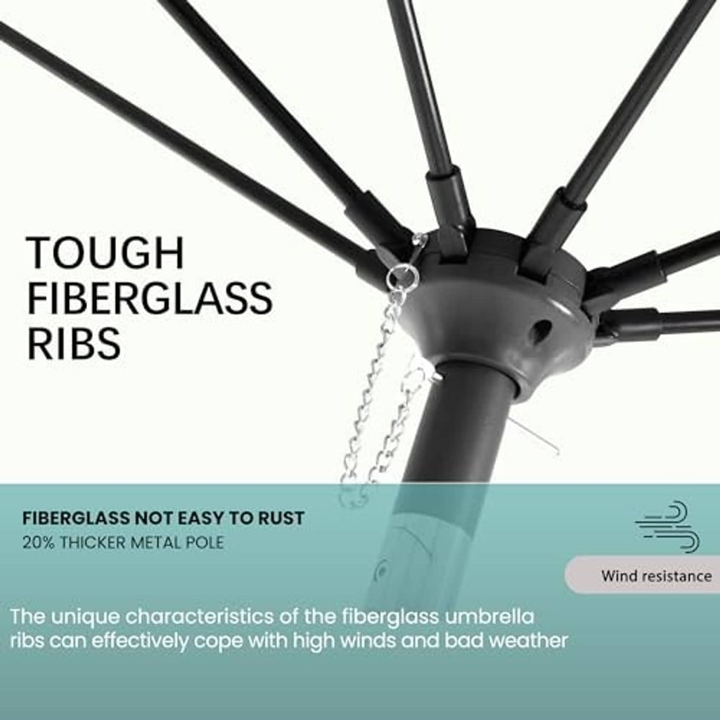 Beige patio umbrella hub with crank, reinforced ribs, and central pole joint