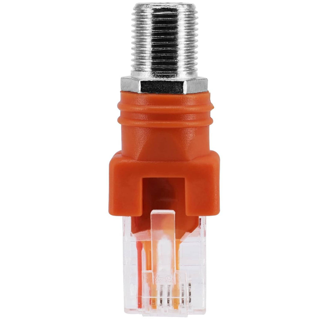 RF-to-RJ45 adapter showing orange housing and clear RJ45 male port with metal threads