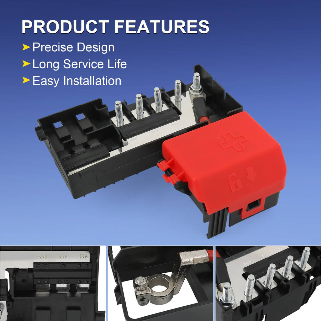 Battery distribution fuse block with red cover, black frame, and visible fuse terminals