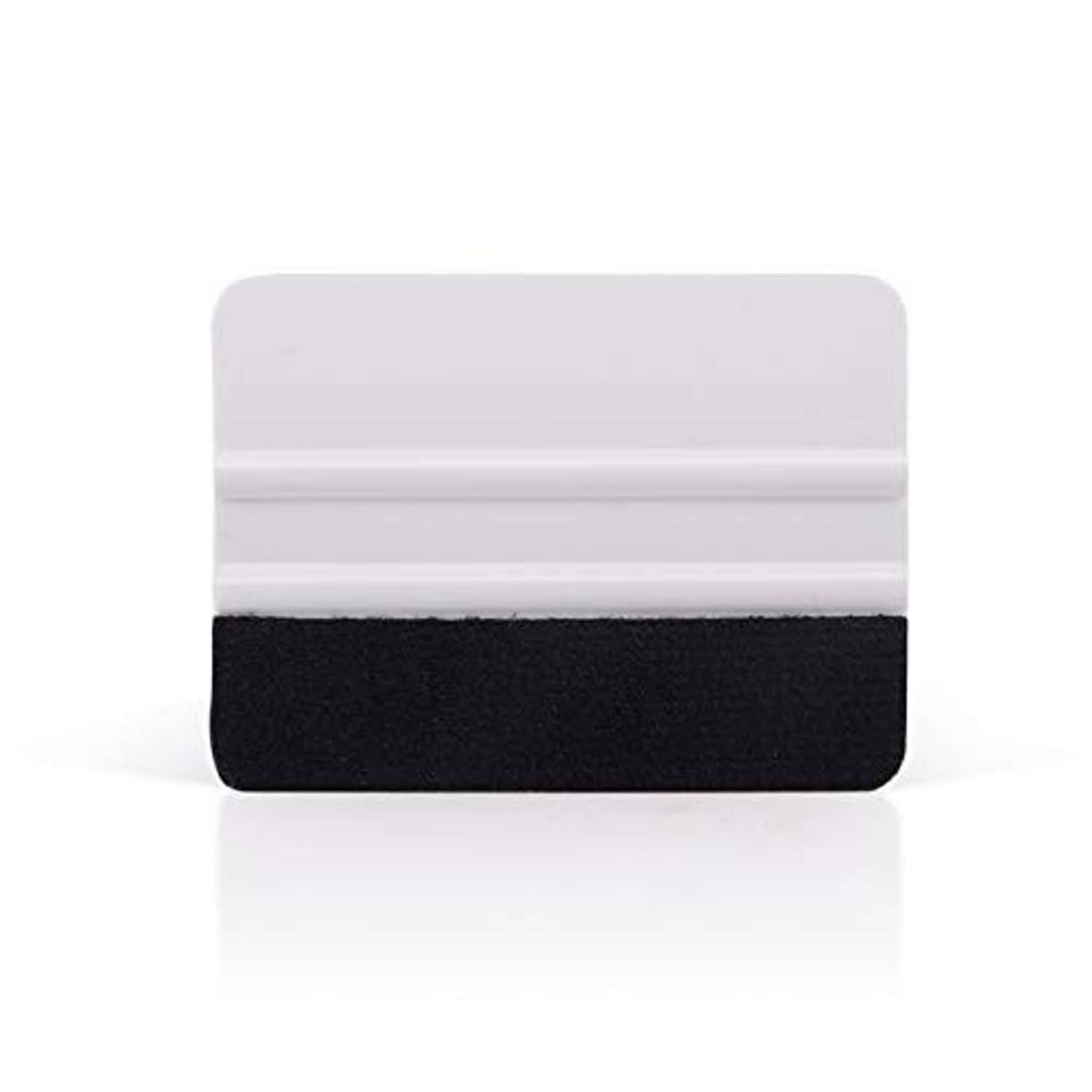 Close-up of vinyl squeegee: white plastic scraper with black felt pad