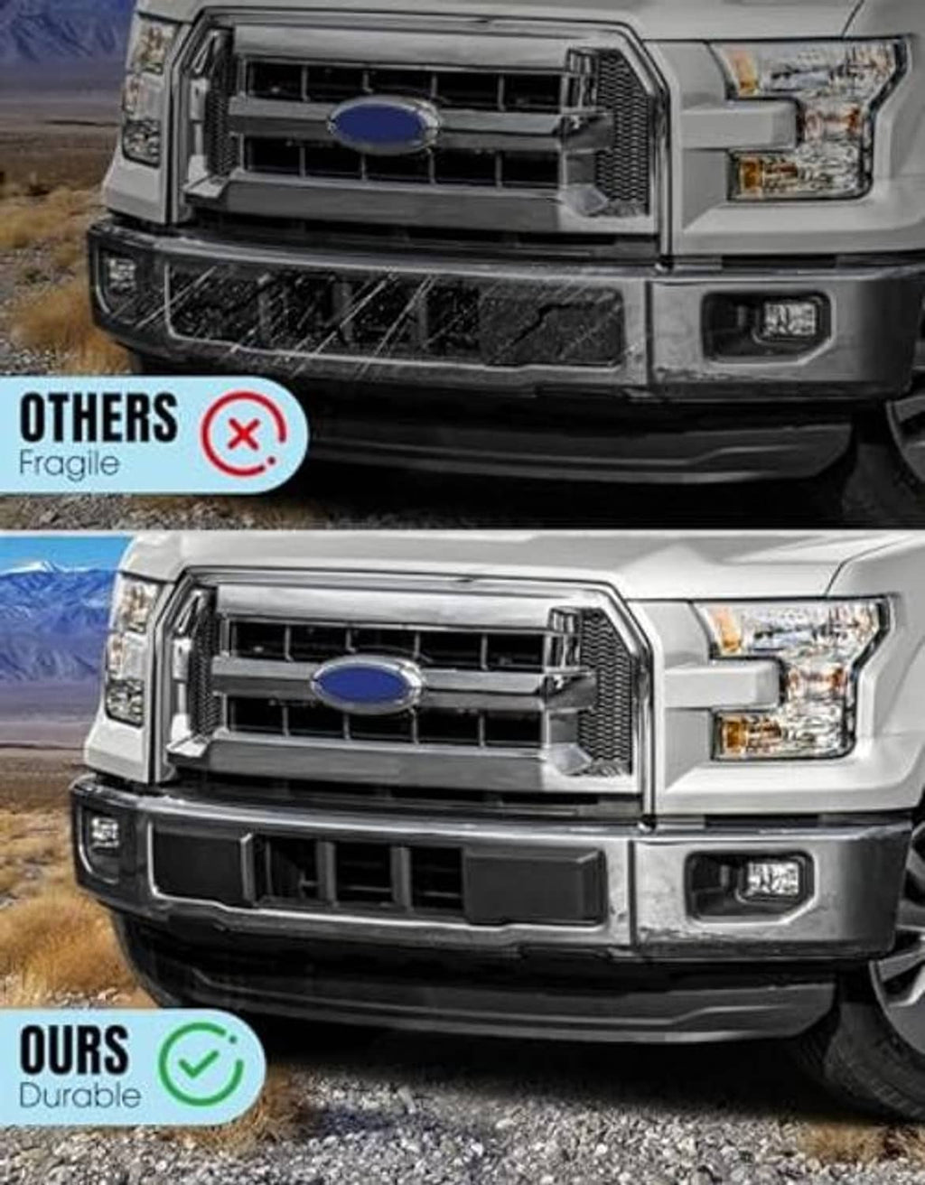 Black front grille trim with four vertical openings on a truck front bumper
