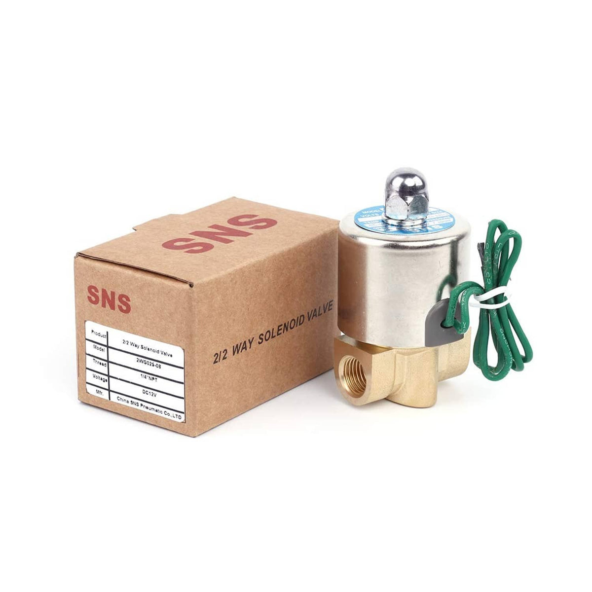 Brass solenoid valve with green leads and matching SNS box packaging