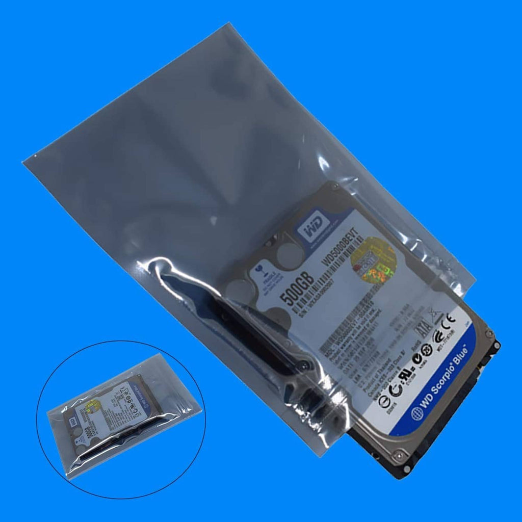 Anti-static bag holding a hard drive, clear ESD packaging