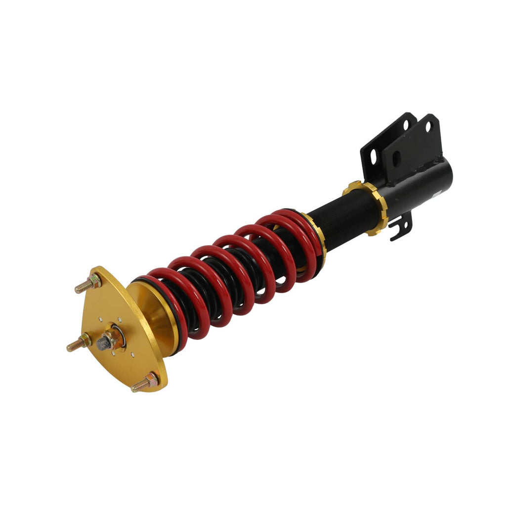 Coilover strut with red spring, gold top plate, and black bracket mount