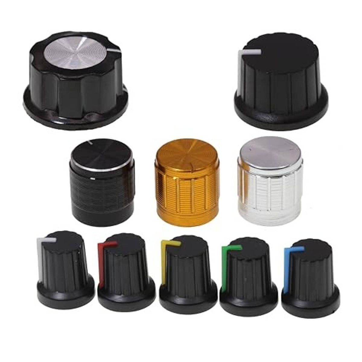 Assorted potentiometer knob caps: black, gold, silver, and colored accents with bases