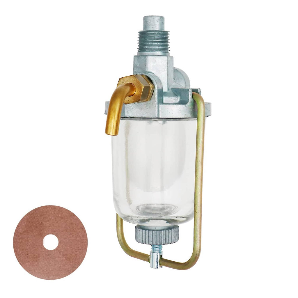 Fuel sediment bowl assembly side view with clear bowl, brass handle, and threaded cap
