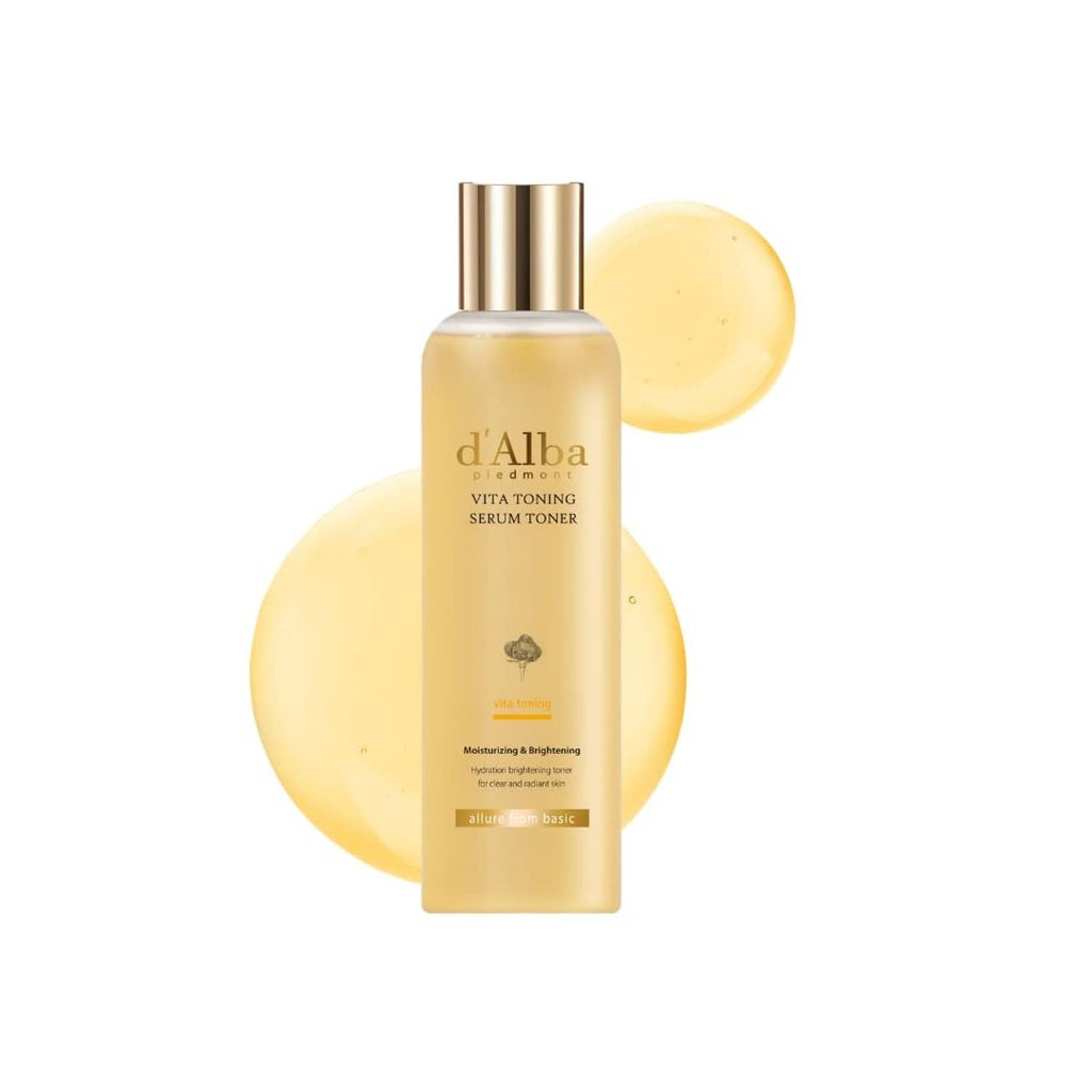 d'Alba Vita Toning serum toner bottle, yellow liquid, gold cap, 6.08 fl oz