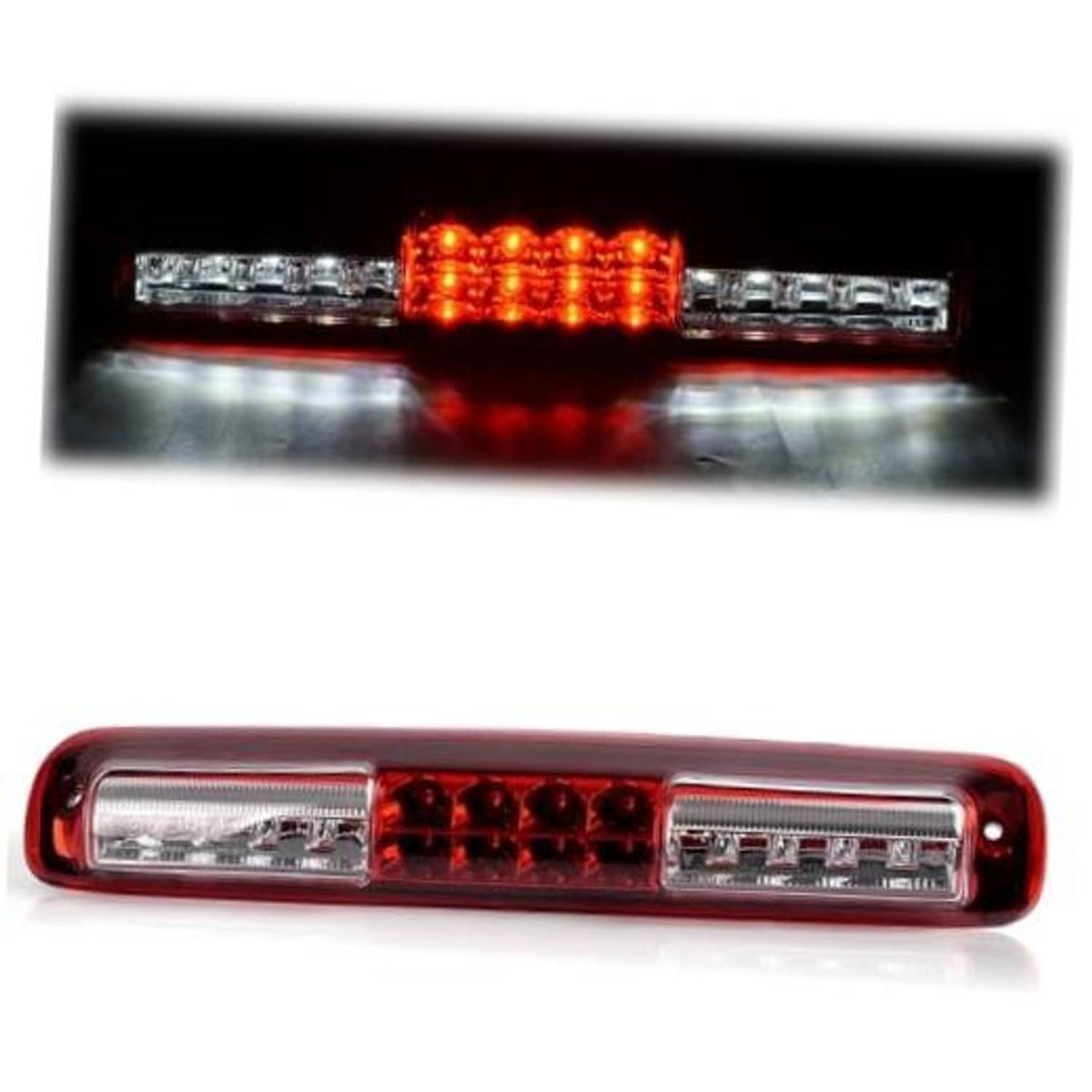 Red LED third brake light with clear lenses and chrome reflector strips