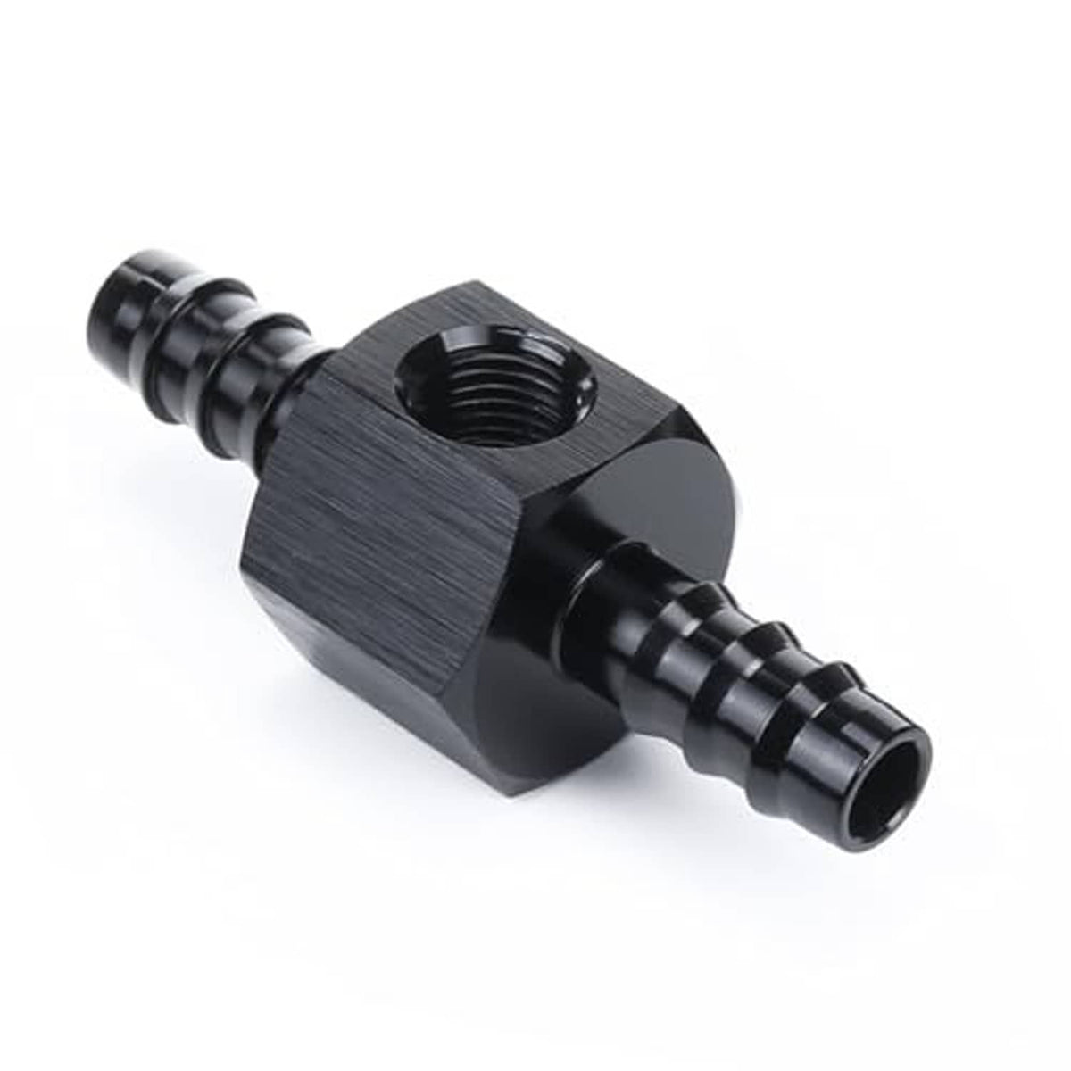 Black metal barbed NPT sensor gauge adapter, side view with hex block body