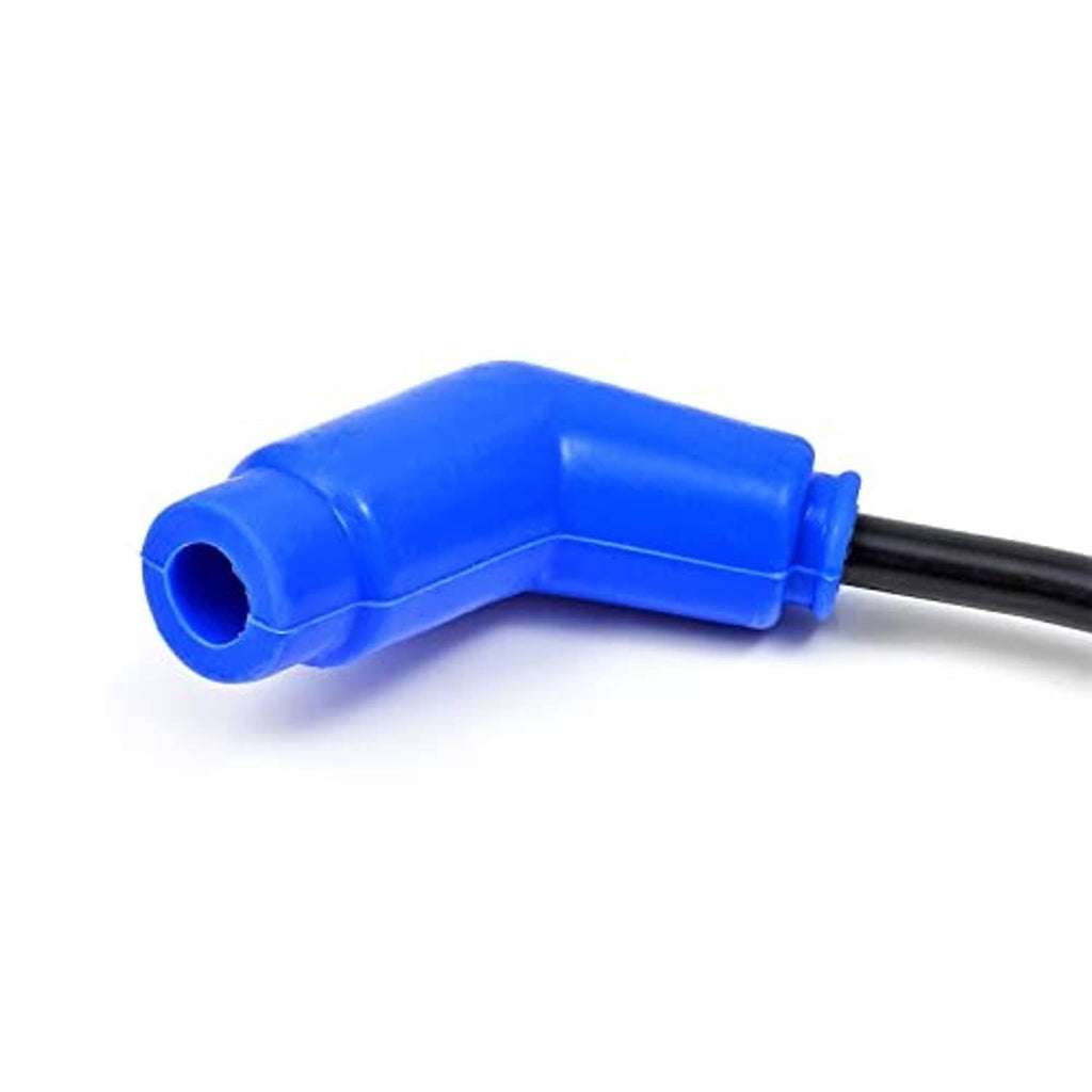 Blue L-shaped spark plug wire connector with black cable