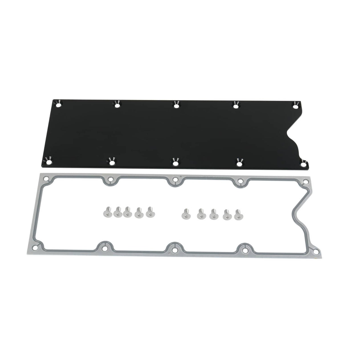 Valley cover plate kit with black top, silver gasket, and included mounting bolts