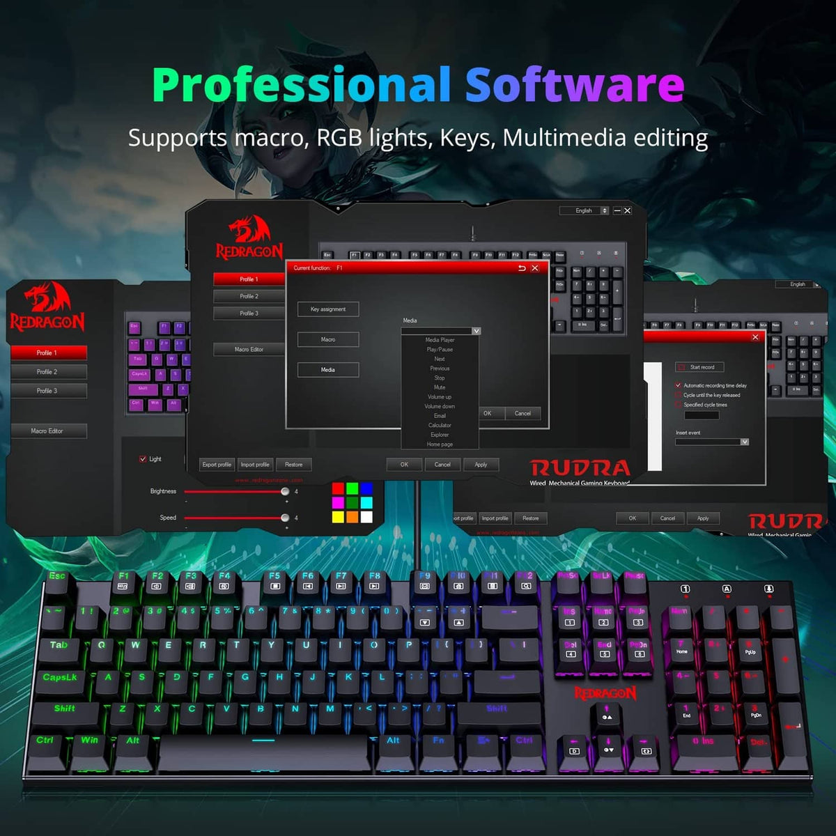 RGB gaming keyboard with software control windows shown and multi-color lighting on keys