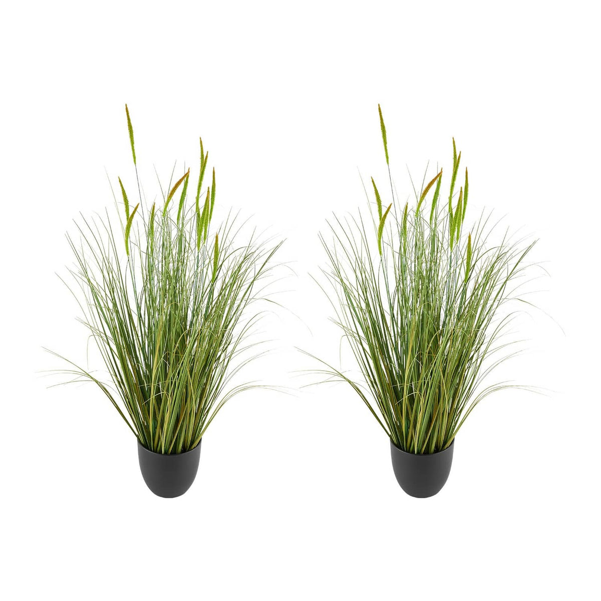 Two black pots holding tall green artificial cattail grass tufts with thin blades