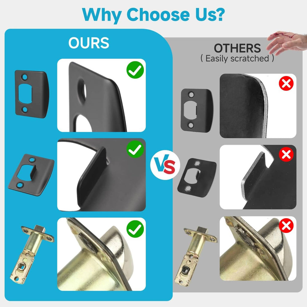 Matte black door lever comparison showing thicker, less-scratched faceplate versus thinner types