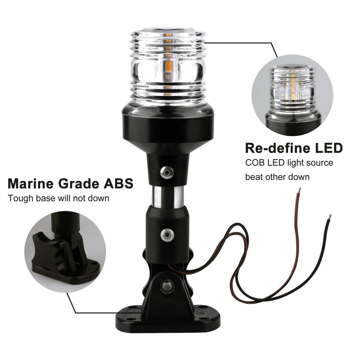 Marine boat stern light with clear LED lens, black base, and adjustable arm