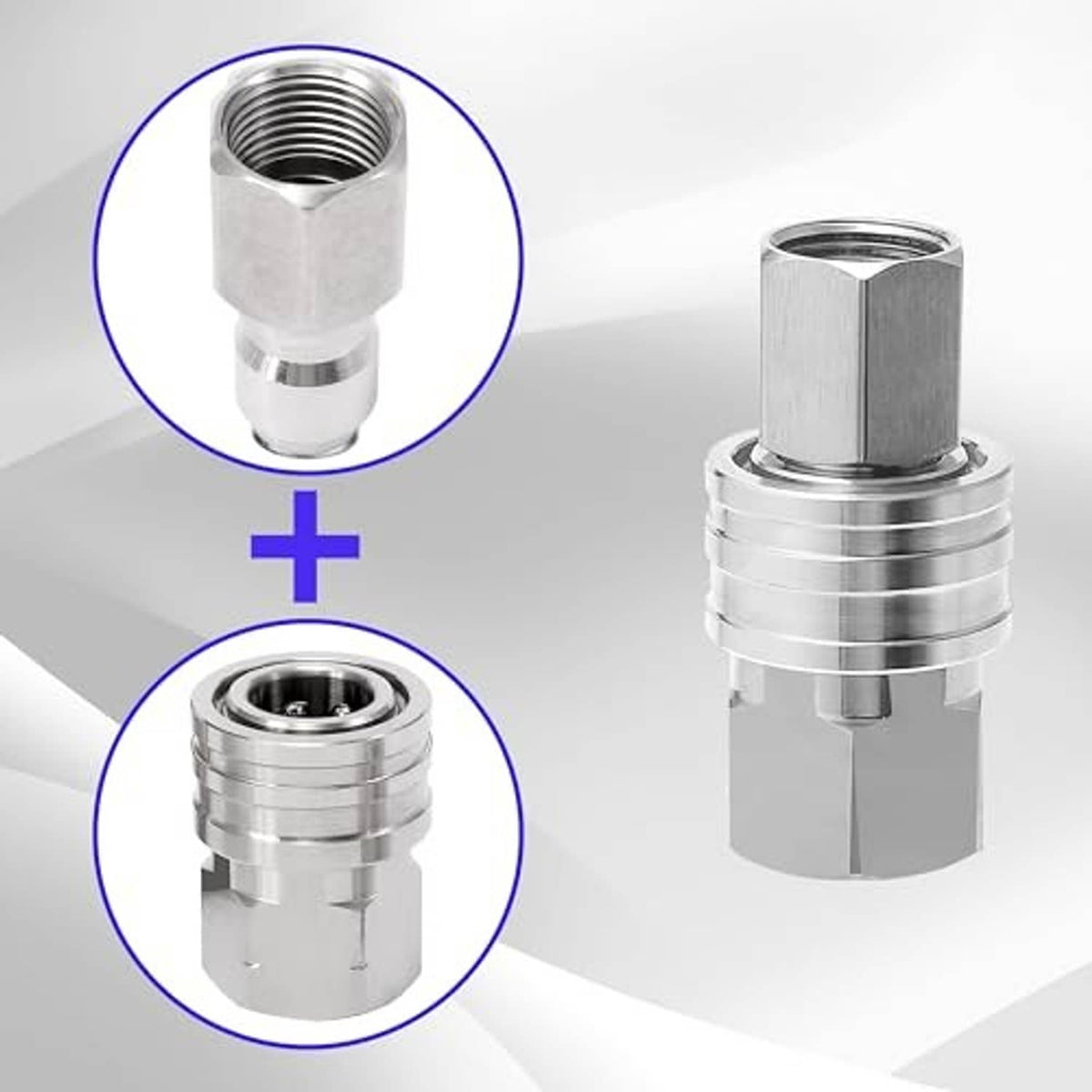 Stainless quick-connect adapter set with visible NPT threading on couplers