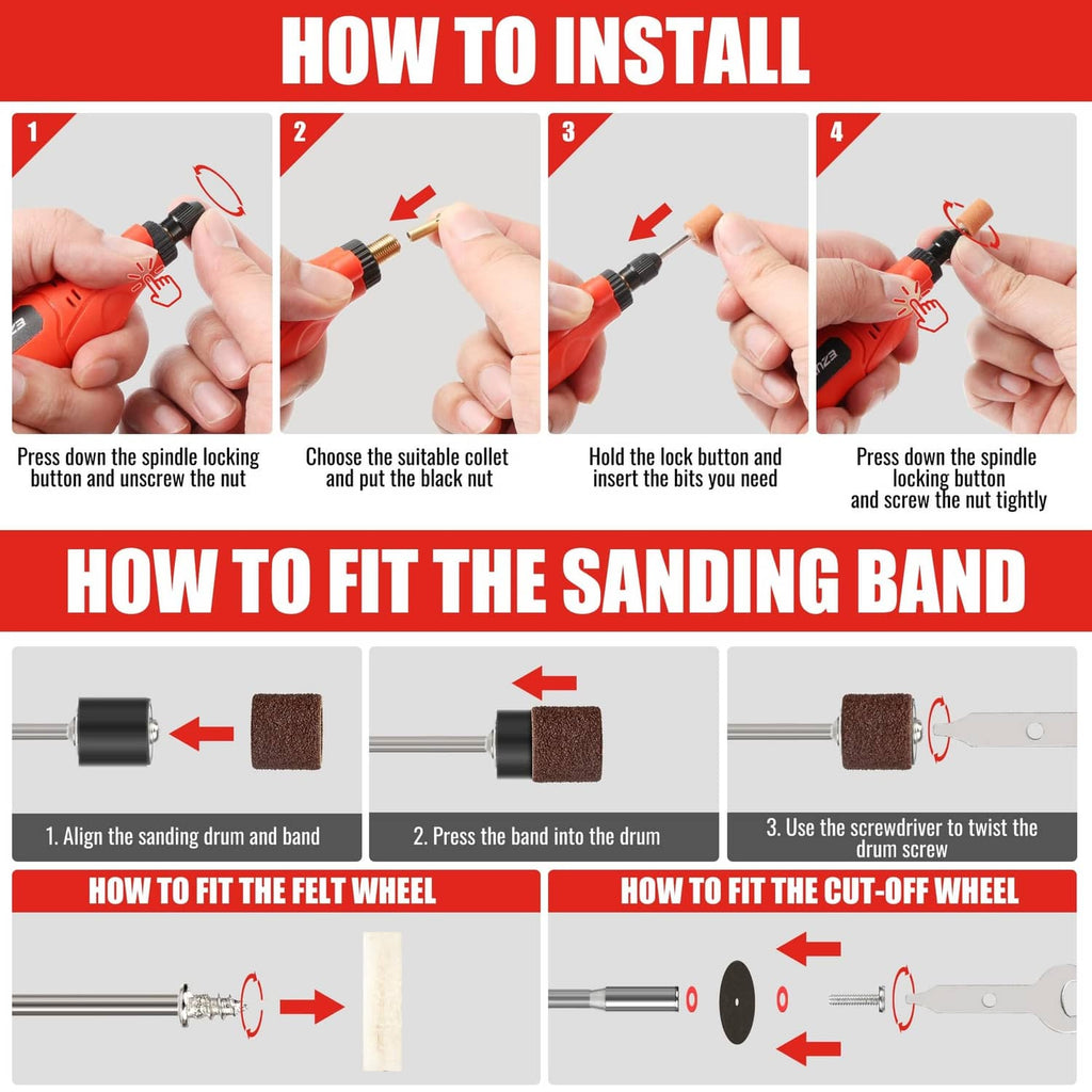 Hand installing a collet onto a red cordless rotary tool, with sanding band setup