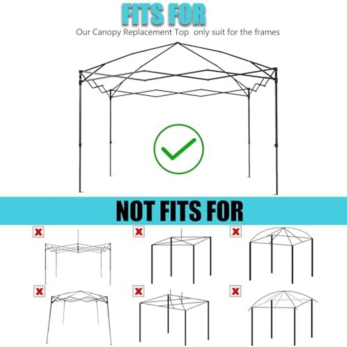 Canopy replacement top compatibility diagram with check mark for matching frames