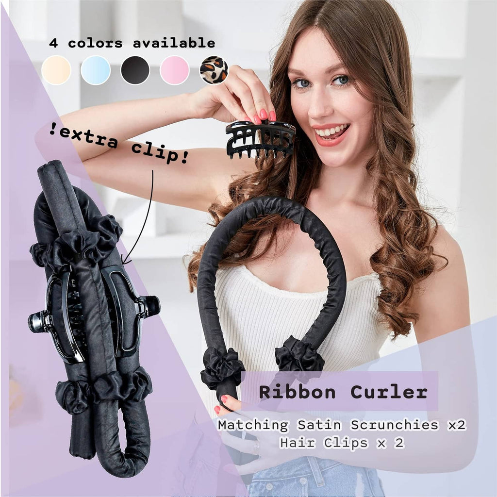 Black silk headband curler with rod and scrunchies, shown with color icons