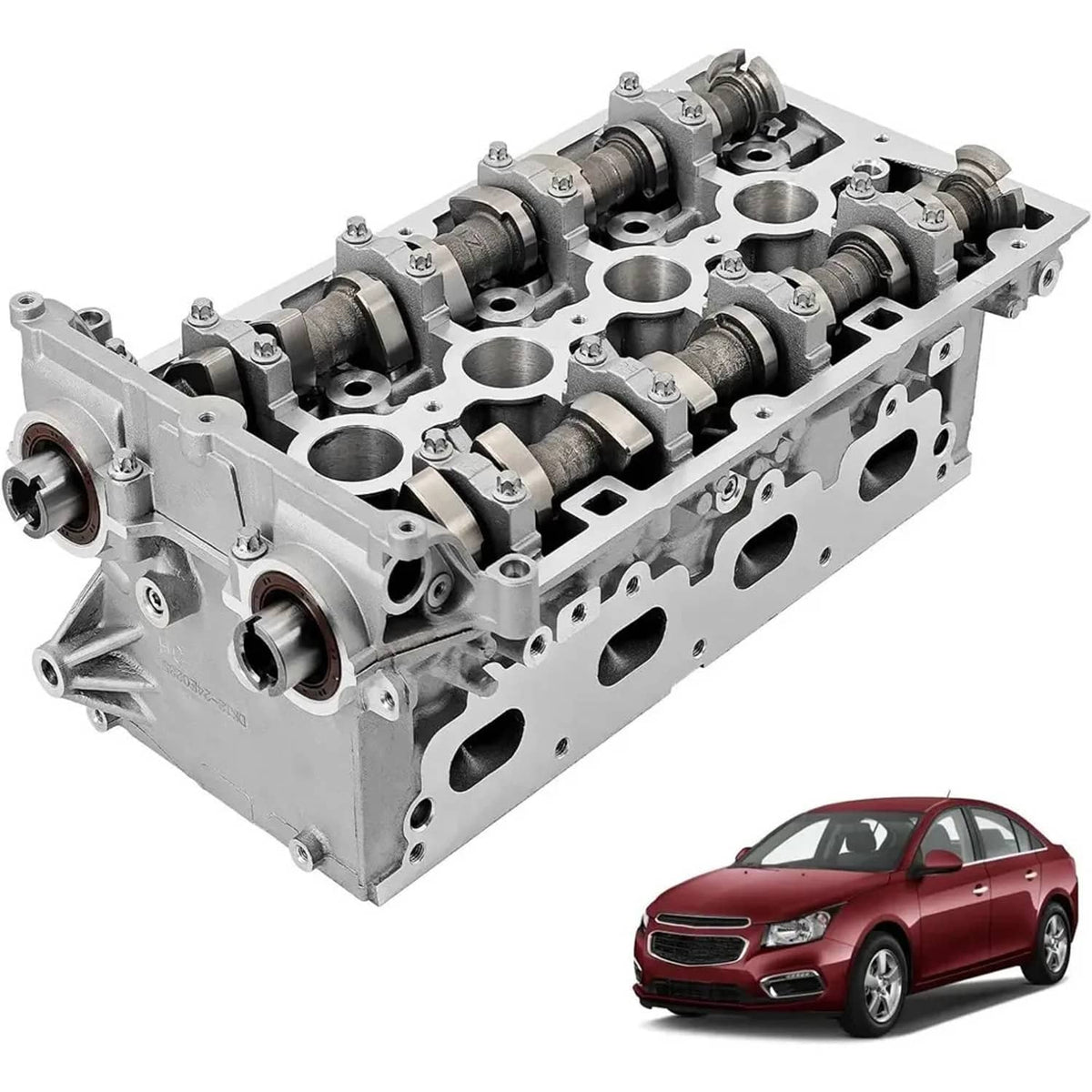 Cylinder head assembly with camshafts, rocker arms, and mounting ports