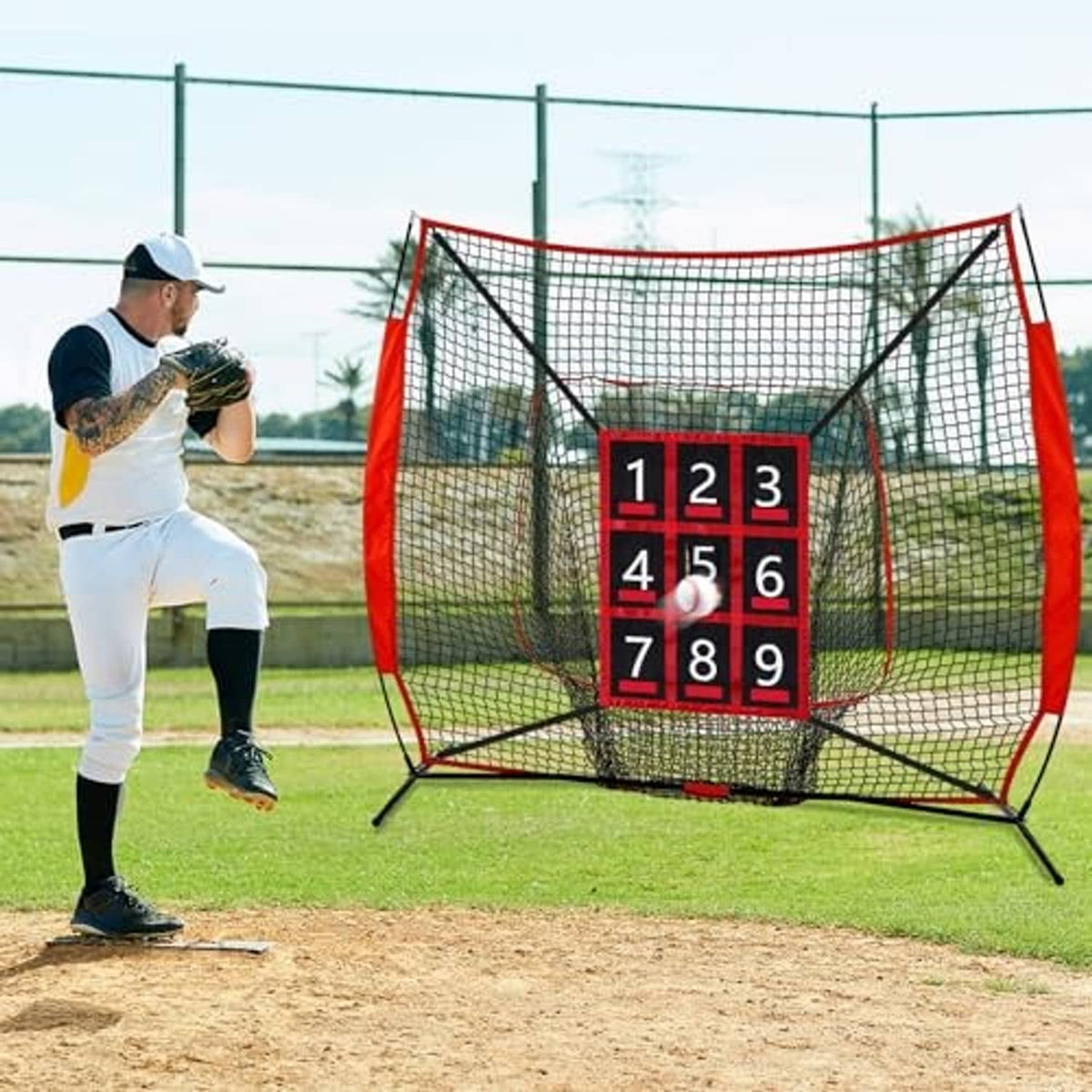 Baseball pitching target net with mesh frame and red-and-black 1-9 scoring grid