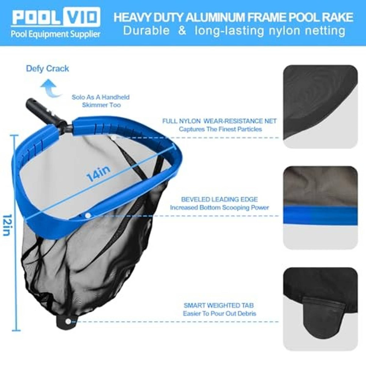 Aluminum-framed leaf net with black mesh bag and blue pole connection hardware