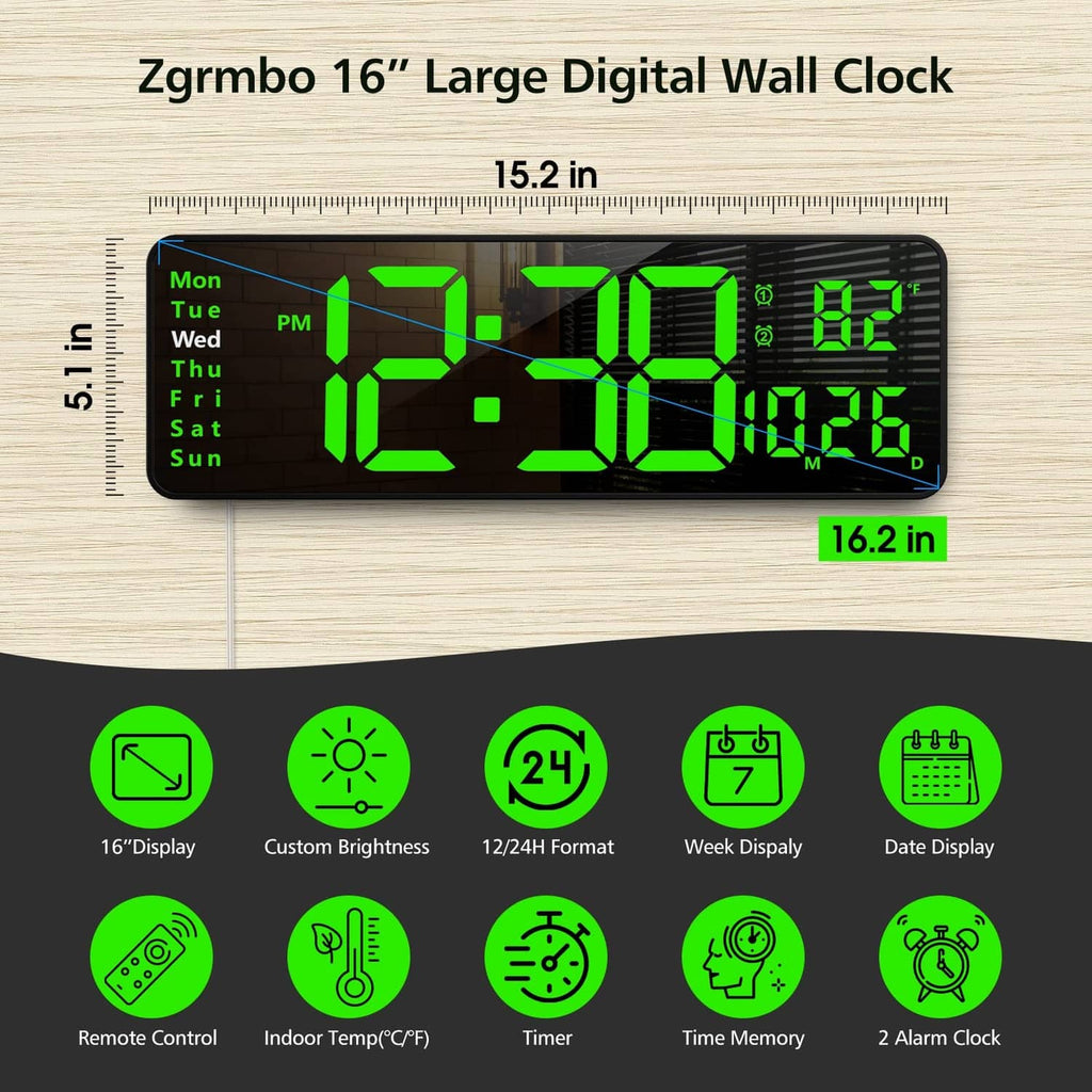 16-inch large digital wall clock with green LED display and built-in remote-control icons