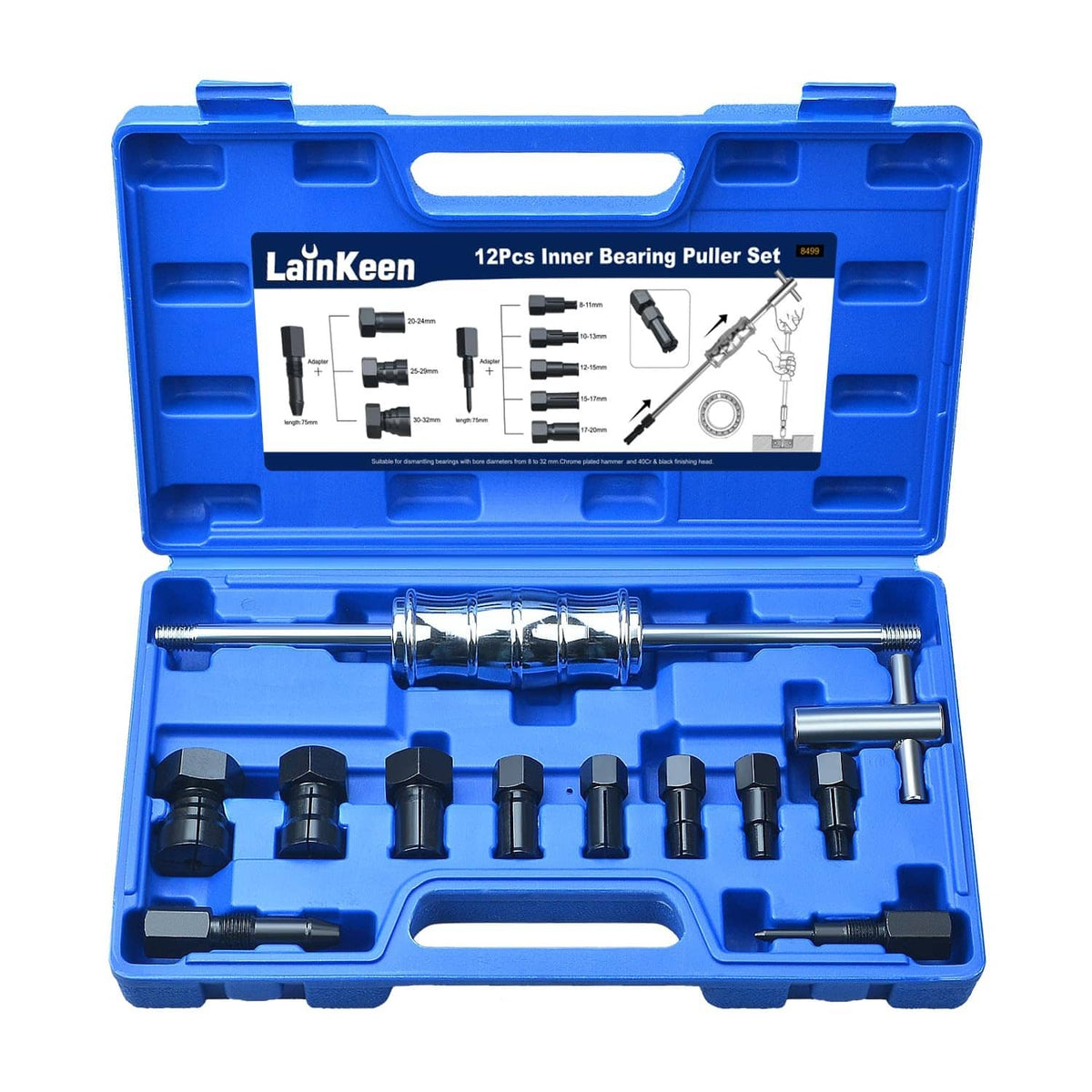 12-piece inner bearing puller set in blue hard case with assorted collets and bolts