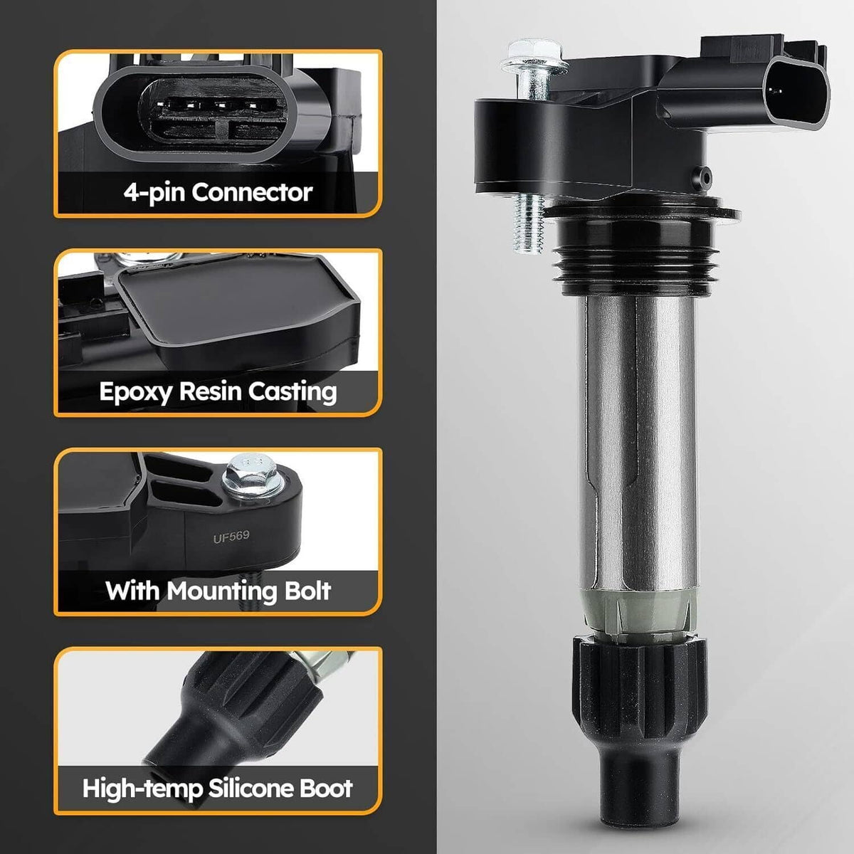 Ignition coil with 4-pin connector, mounting bolt, and high-temp silicone boot detail