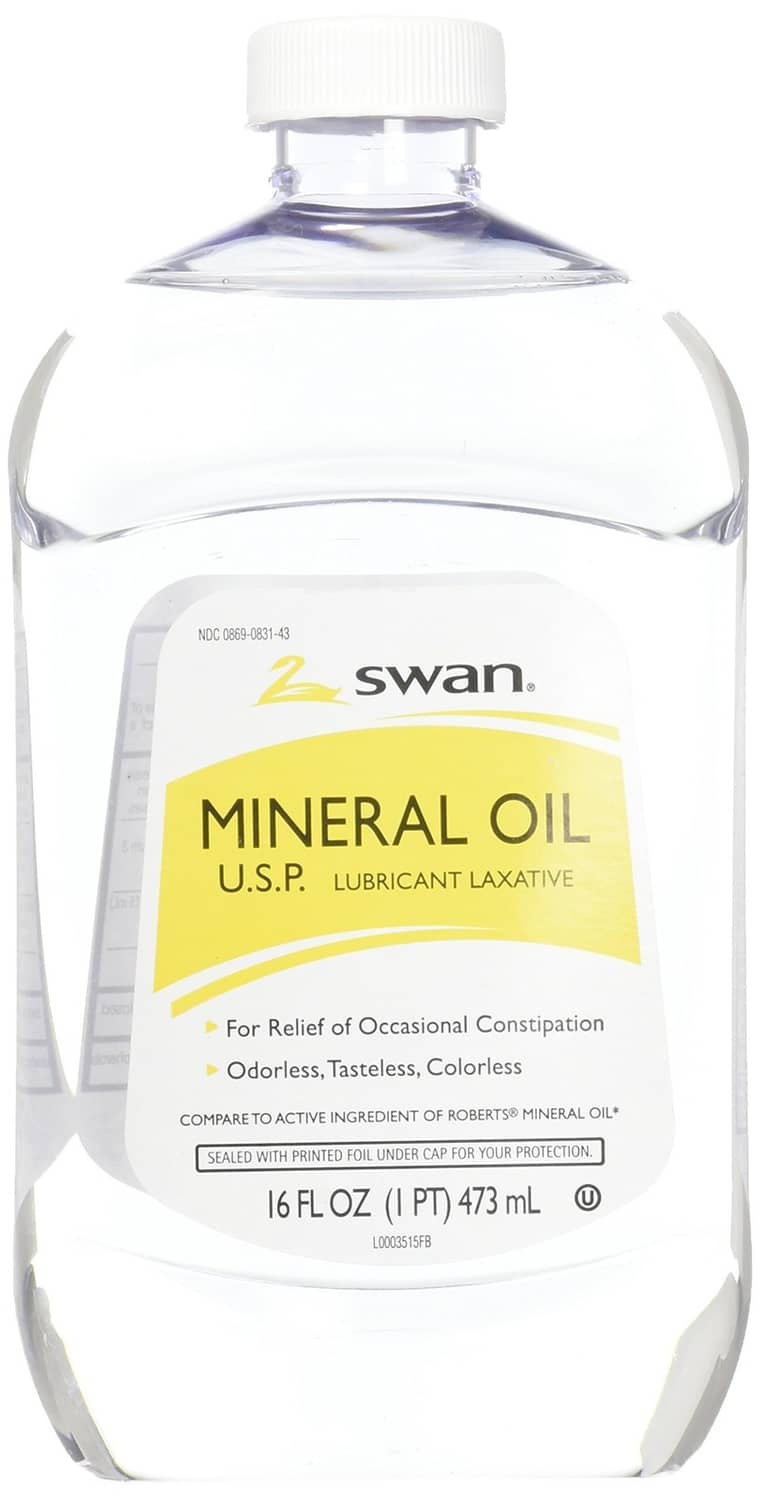 Swan Mineral Oil U.S.P. lubricant laxative bottle with white screw cap