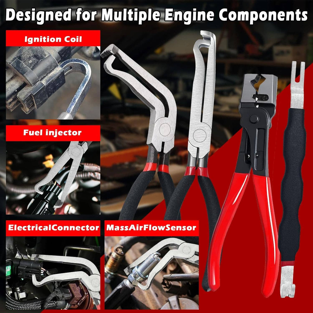Red-and-black electrical connector removal pliers with different jaw shapes
