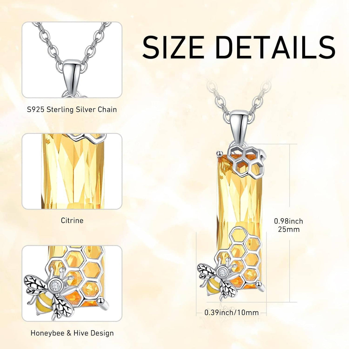 Sterling silver necklace pendant with yellow honeycomb crystal and bee charm, on chain