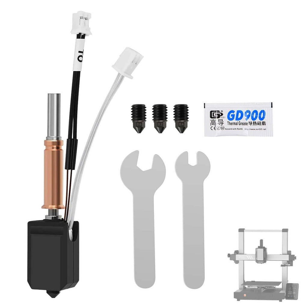 3D printer hotend upgrade kit with copper heater block, wires, and nozzle set