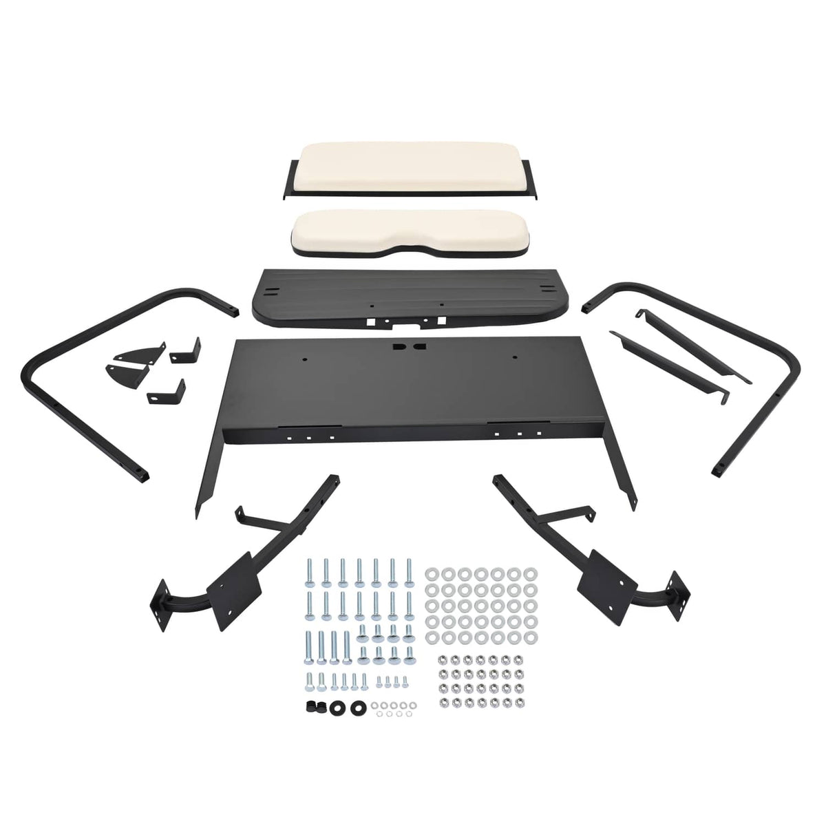 Folding golf cart rear flip back seat kit with cushions, frame, and mounting hardware