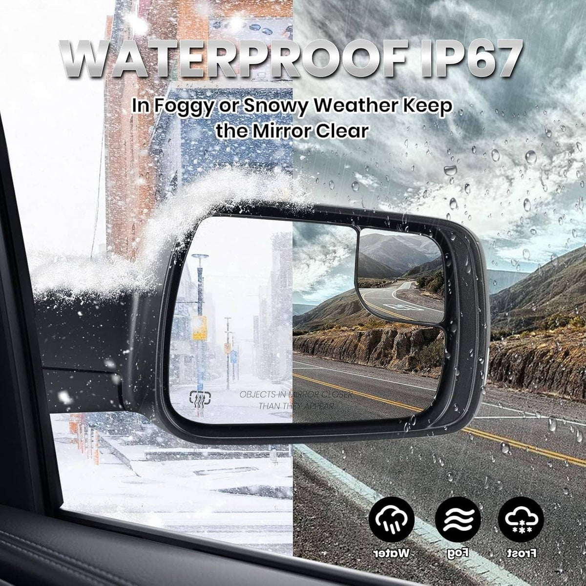 Black heated side mirror with turn signal, shown with water droplets for weather resistance