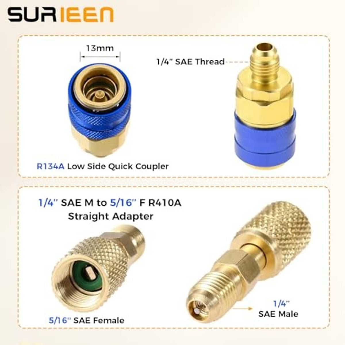 R134a low-side quick coupler and 1/4in SAE threaded adapters with brass connectors