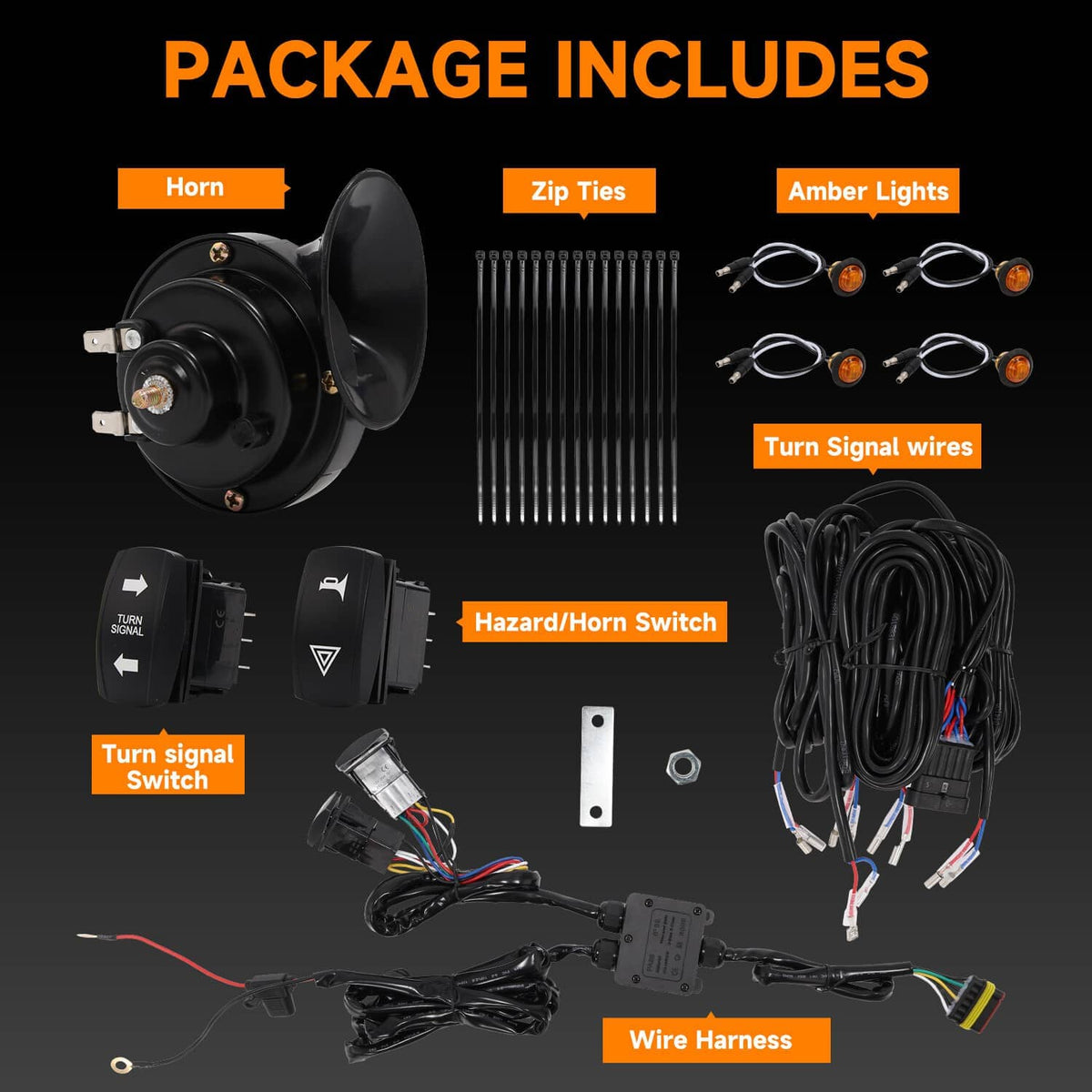 Package contents: black horn, amber light wires, switches, zip ties, and wire harness kit