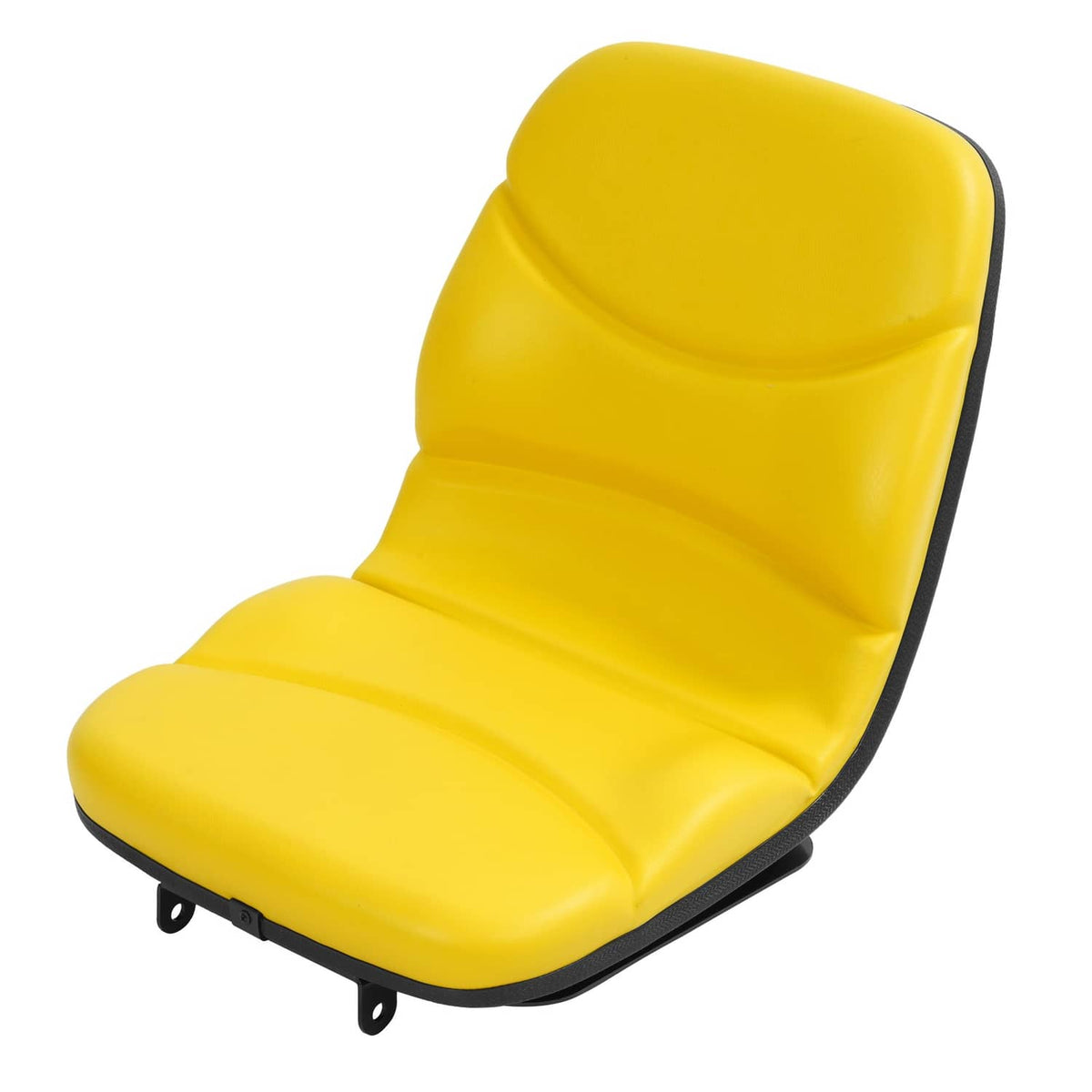 Yellow tractor seat with stitched cushion contours and black underside